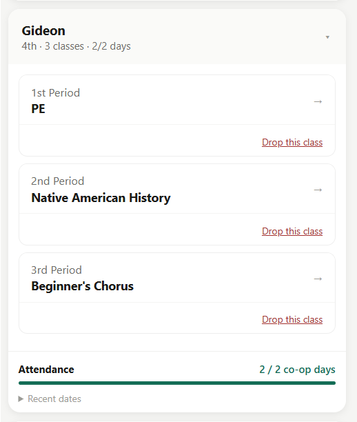 Parent portal class list showing a child's schedule, periods, and attendance
