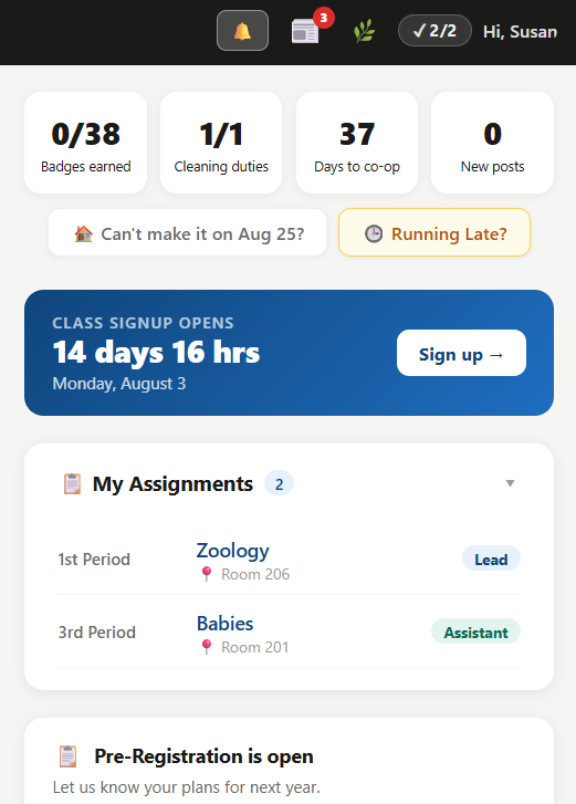Parent portal dashboard showing badges earned, cleaning duties, days to co-op, class signup countdown, and assignments